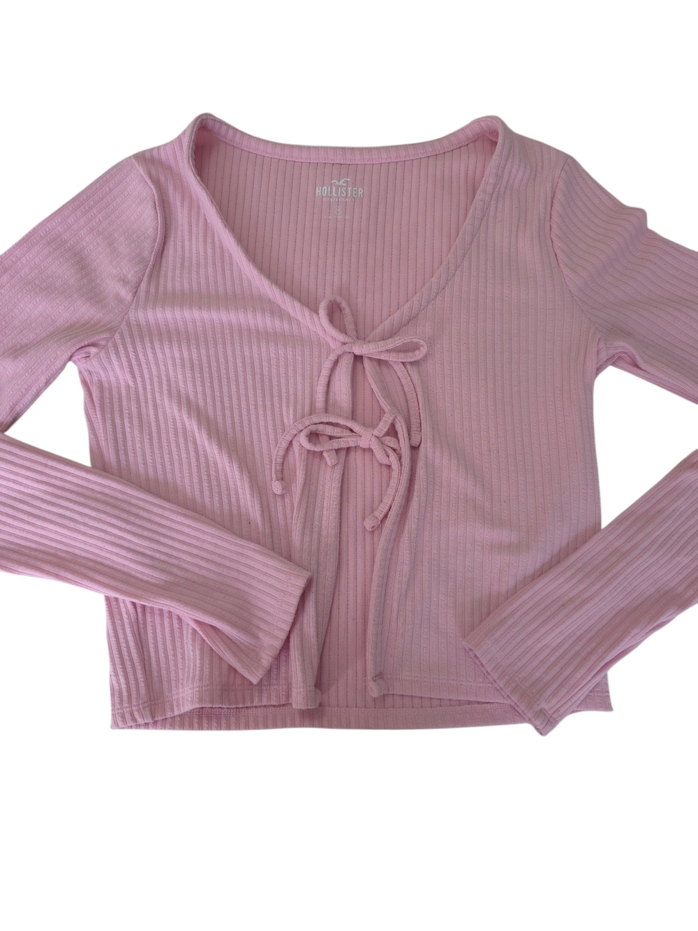 Hollister Light Pink Ribbed Tie-Front Long Sleeve Top - Picture 3 of 8